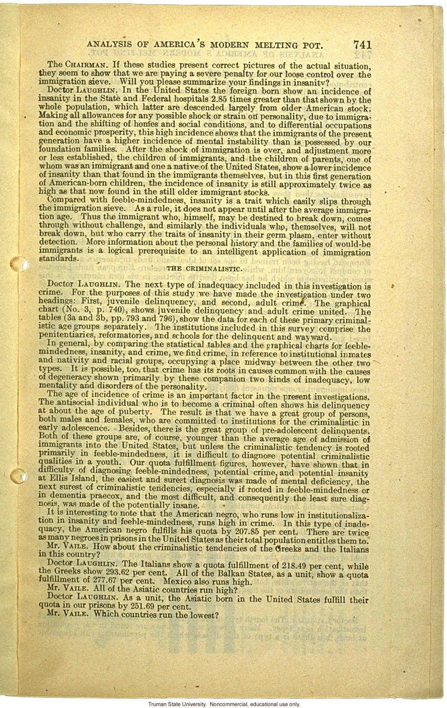 &quote;Analysis of America's Modern Melting Pot,&quote; Harry H. Laughlin testimony before the House Committee on Immigration and Naturalization