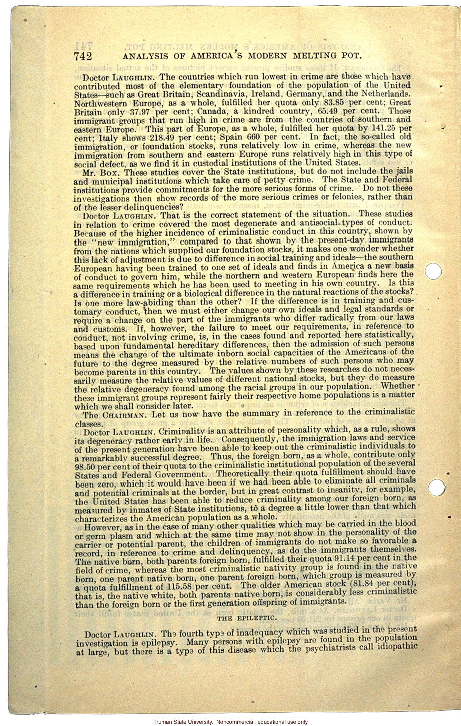 &quote;Analysis of America's Modern Melting Pot,&quote; Harry H. Laughlin testimony before the House Committee on Immigration and Naturalization