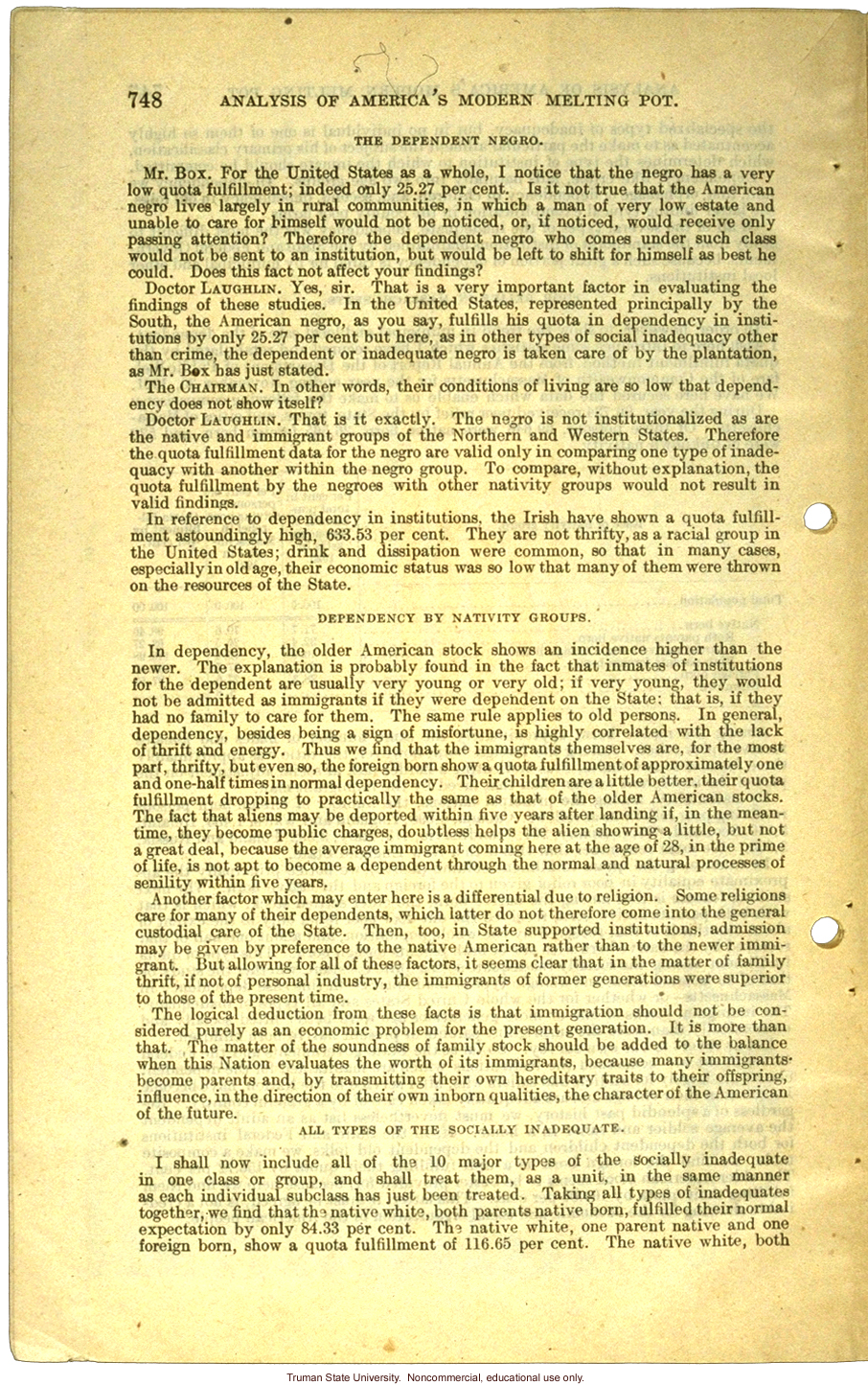 &quote;Analysis of America's Modern Melting Pot,&quote; Harry H. Laughlin testimony before the House Committee on Immigration and Naturalization