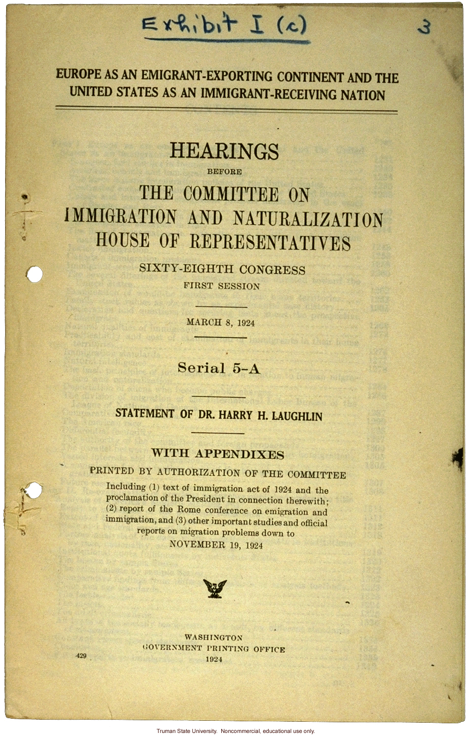 &quote;Europe as an emigrant-exporting continent,&quote;  Harry H. Laughlin testimony before the House Committee, including Immigration Restriction Act