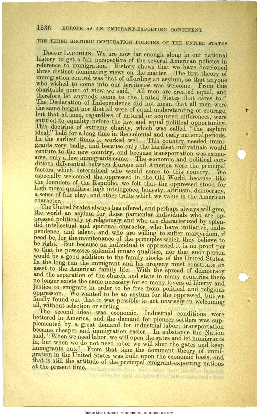 &quote;Europe as an emigrant-exporting continent,&quote;  Harry H. Laughlin testimony before the House Committee, including Immigration Restriction Act