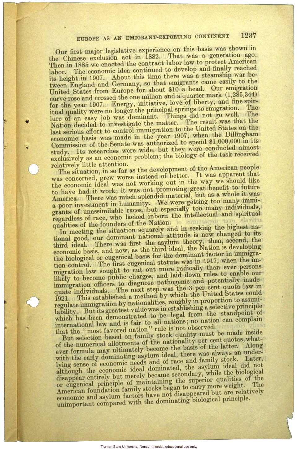 &quote;Europe as an emigrant-exporting continent,&quote;  Harry H. Laughlin testimony before the House Committee, including Immigration Restriction Act