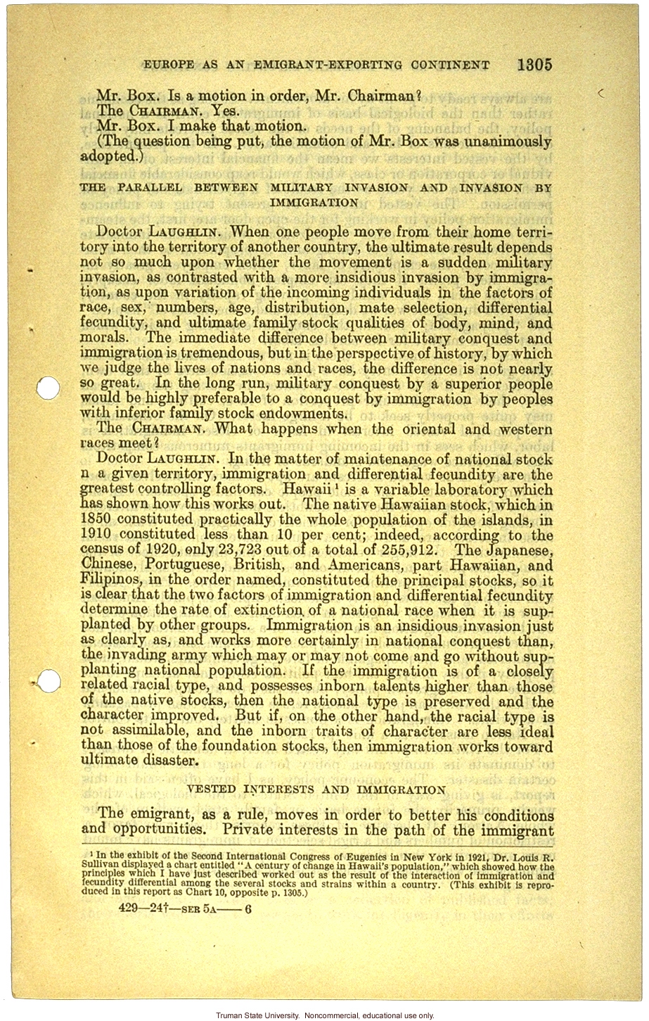 &quote;Europe as an emigrant-exporting continent,&quote;  Harry H. Laughlin testimony before the House Committee, including Immigration Restriction Act
