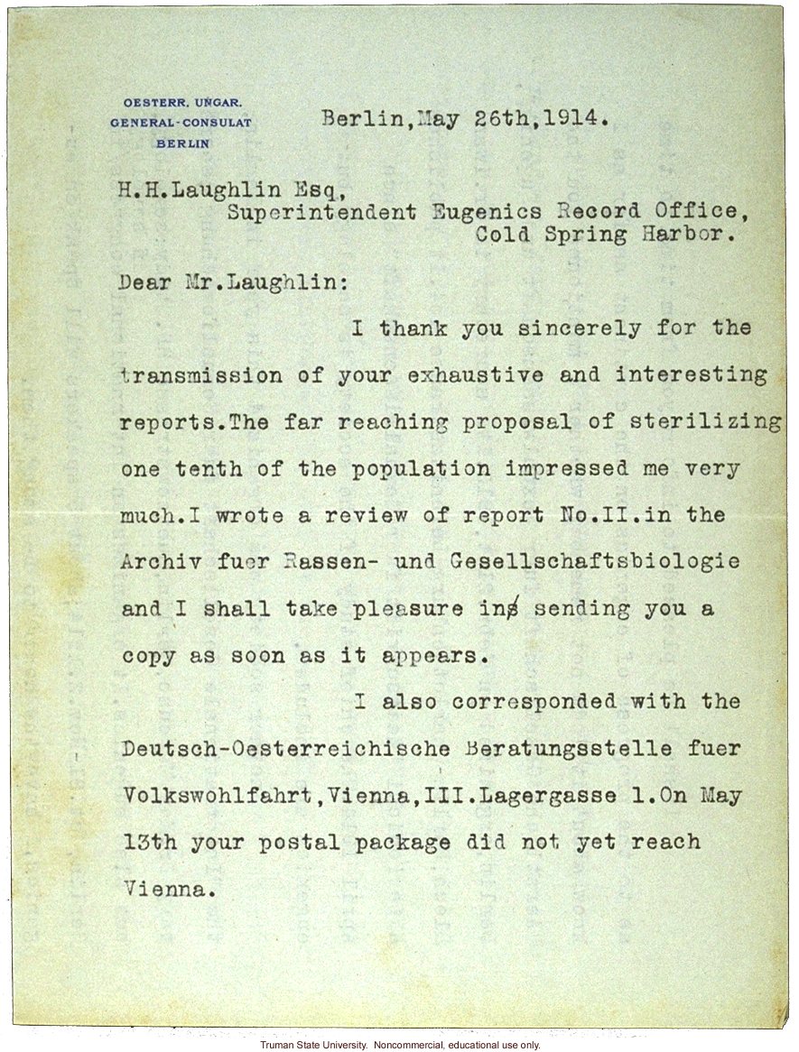 G. von Hoffmann letter to H. Laughlin in praise of his goals on sterilization