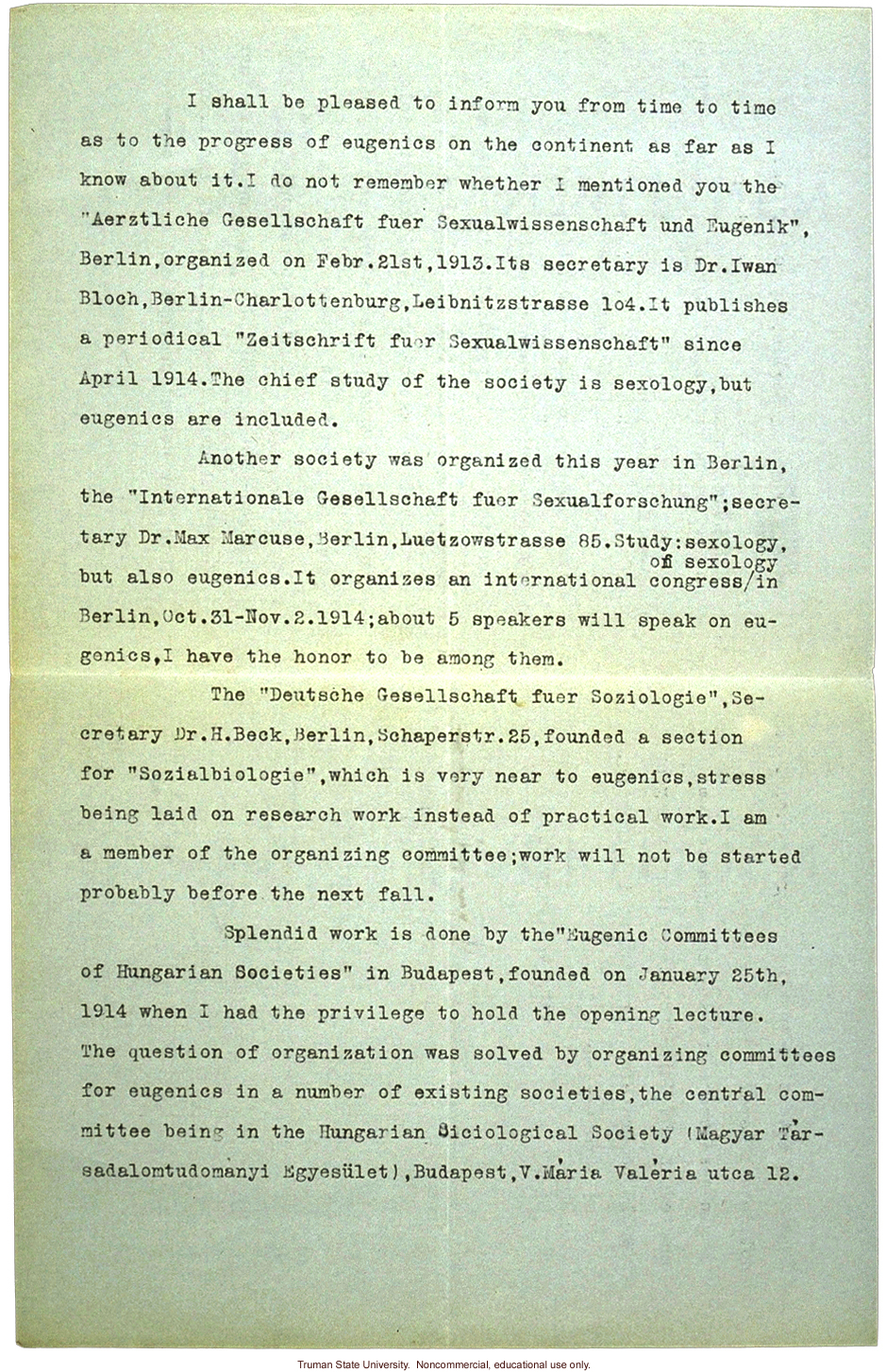 G. von Hoffmann letter to H. Laughlin in praise of his goals on sterilization