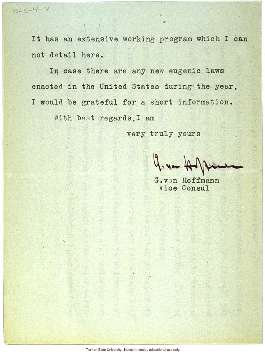 G. von Hoffmann letter to H. Laughlin in praise of his goals on sterilization