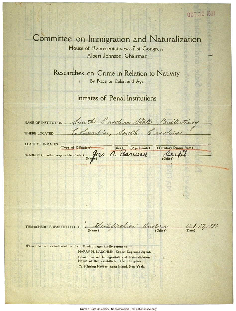 &quote;Researches on crime in relation to nativity,&quote; Laughlin's research for the Committee on Immigration and Naturalization