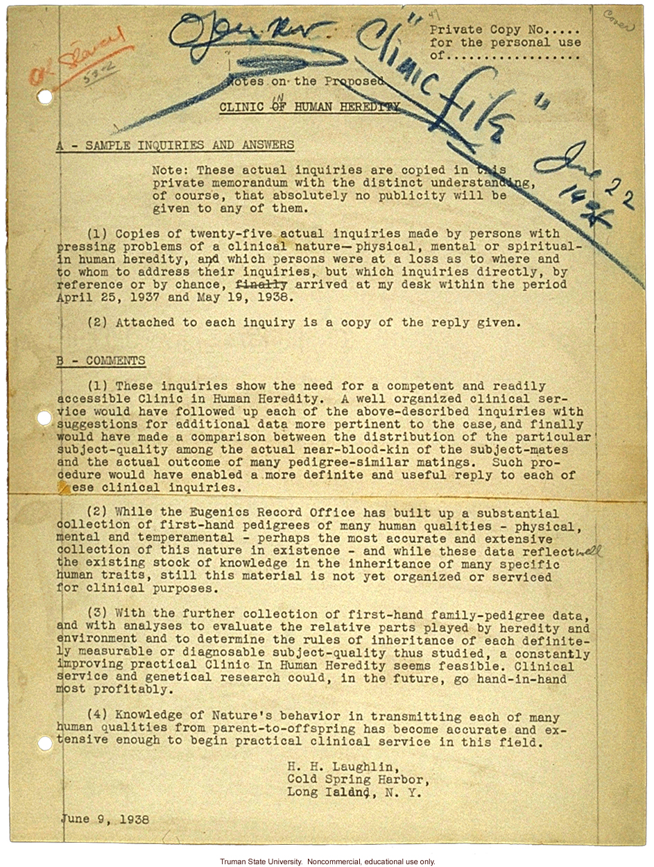 &quote;Clinic in human heredity&quote; proposal by H. Laughlin