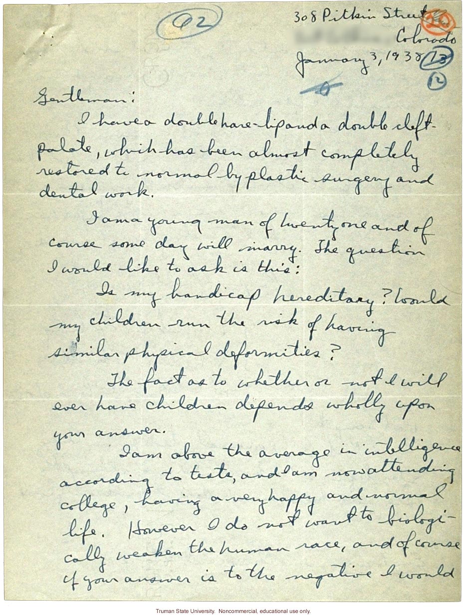Letter asking about heredity of cleft lip and palate
