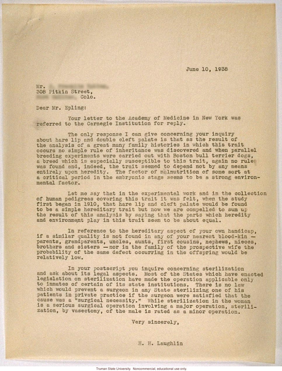 H. Laughlin letter in response to question about heredity of cleft lip and palate