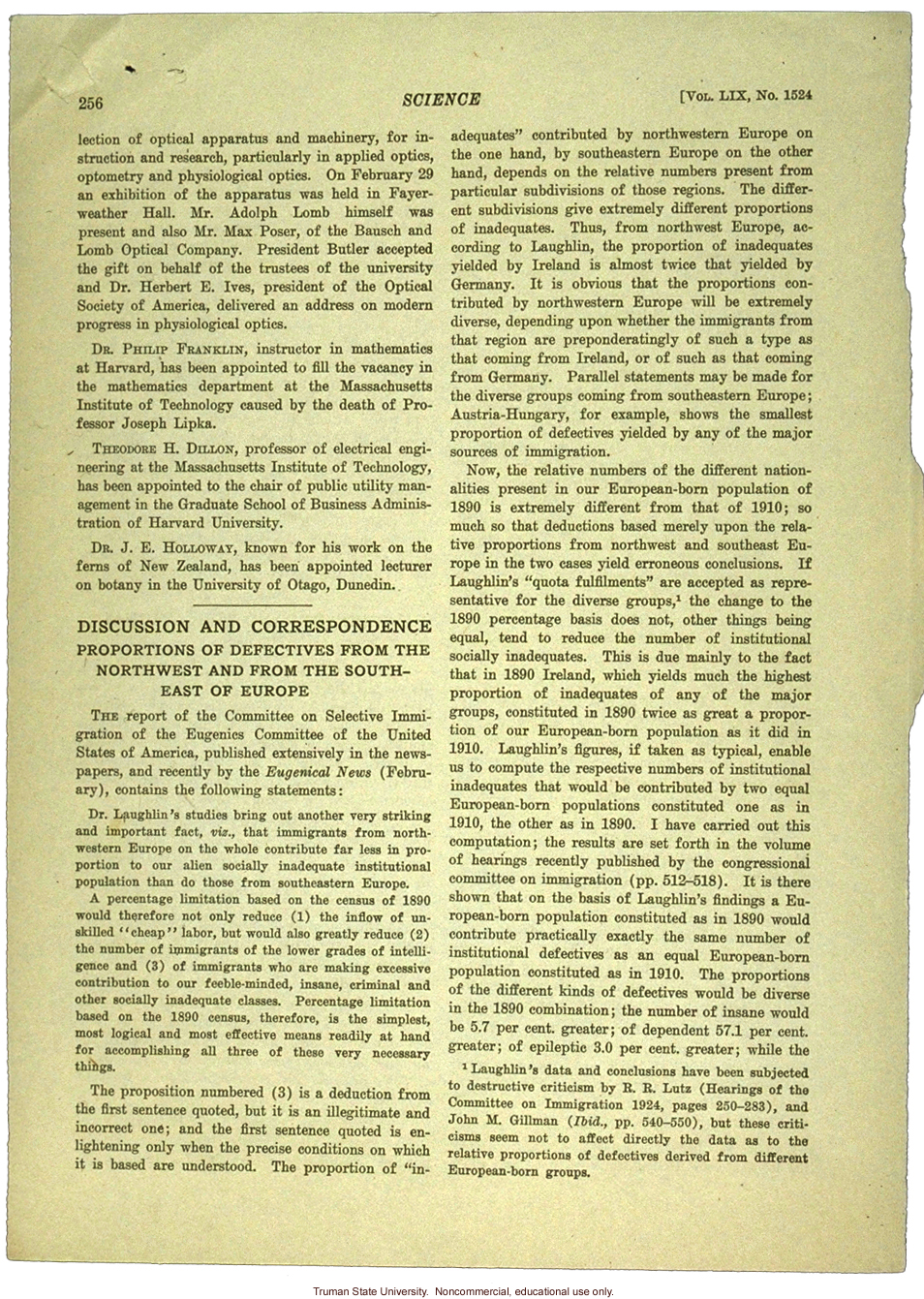 H.S. Jennings letter to Science, about H. Laughlin's work on immigration