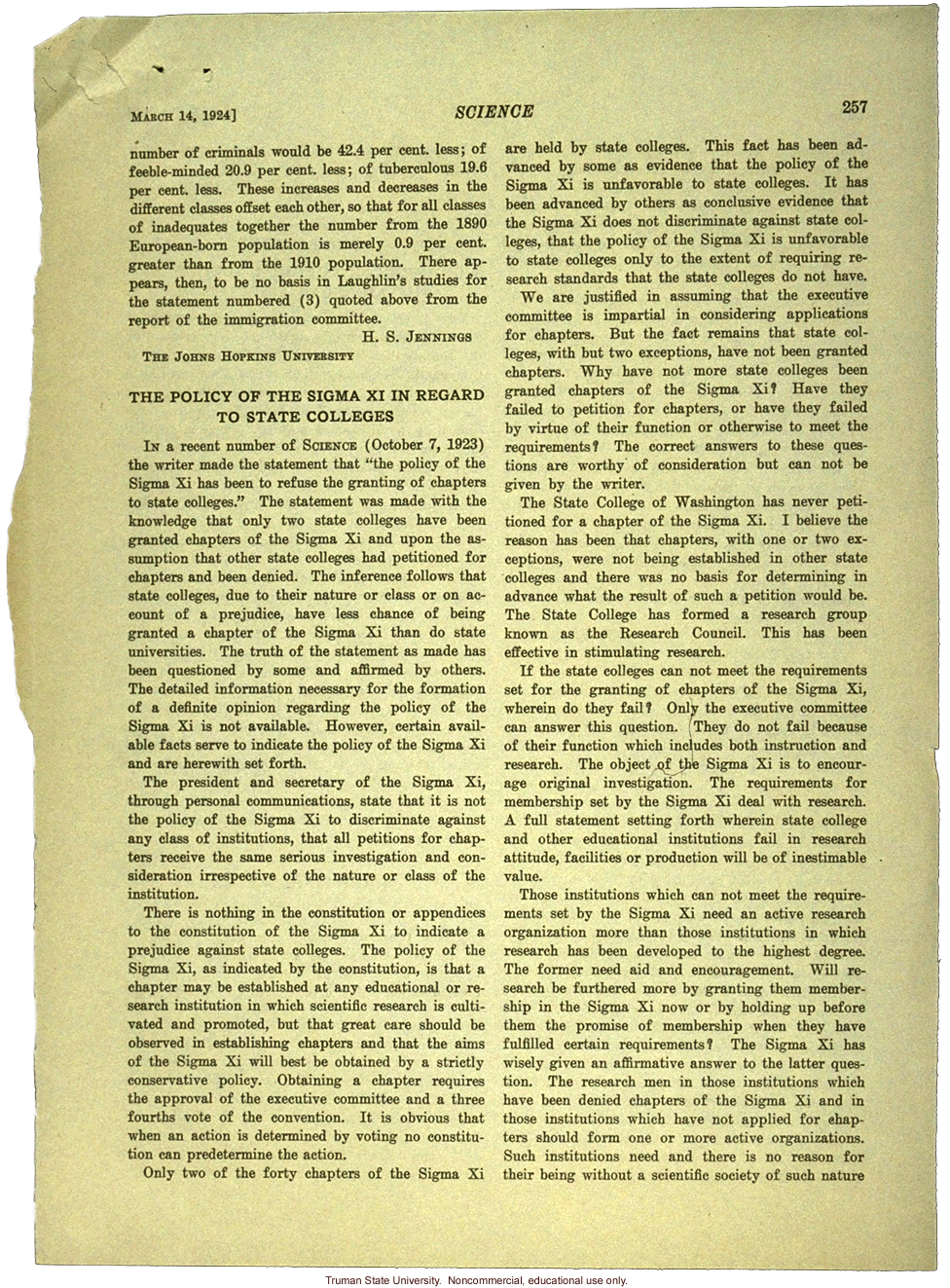 H.S. Jennings letter to Science, about H. Laughlin's work on immigration