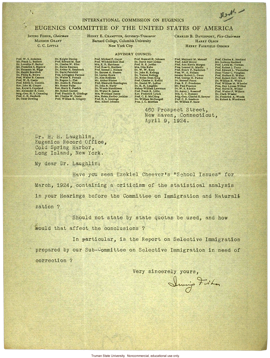 I. Fisher letter to H. Laughlin about E. Cheever's attack on Laughlin's analysis on immigration