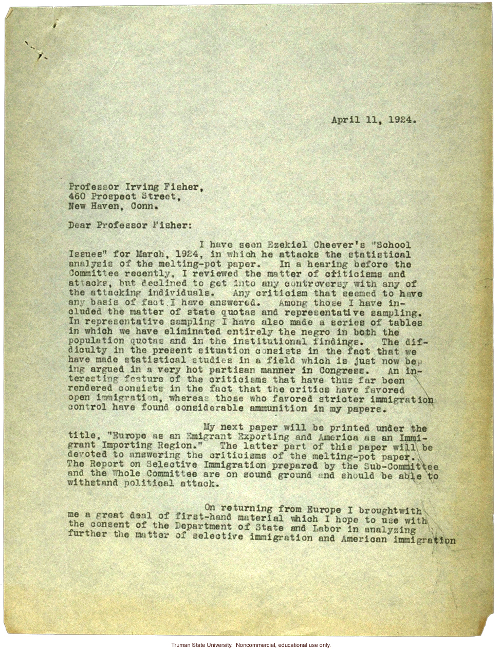 H. Laughlin's letter to I. Fisher in response to E. Cheever's criticisms of Laughlin's views on immigration