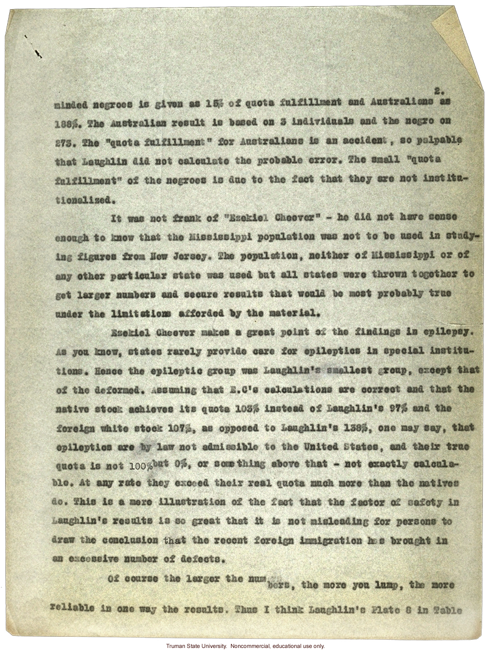 C. Davenport letter to L. Barker about E. Cheever's criticisms of H. Laughlin's views on immigration