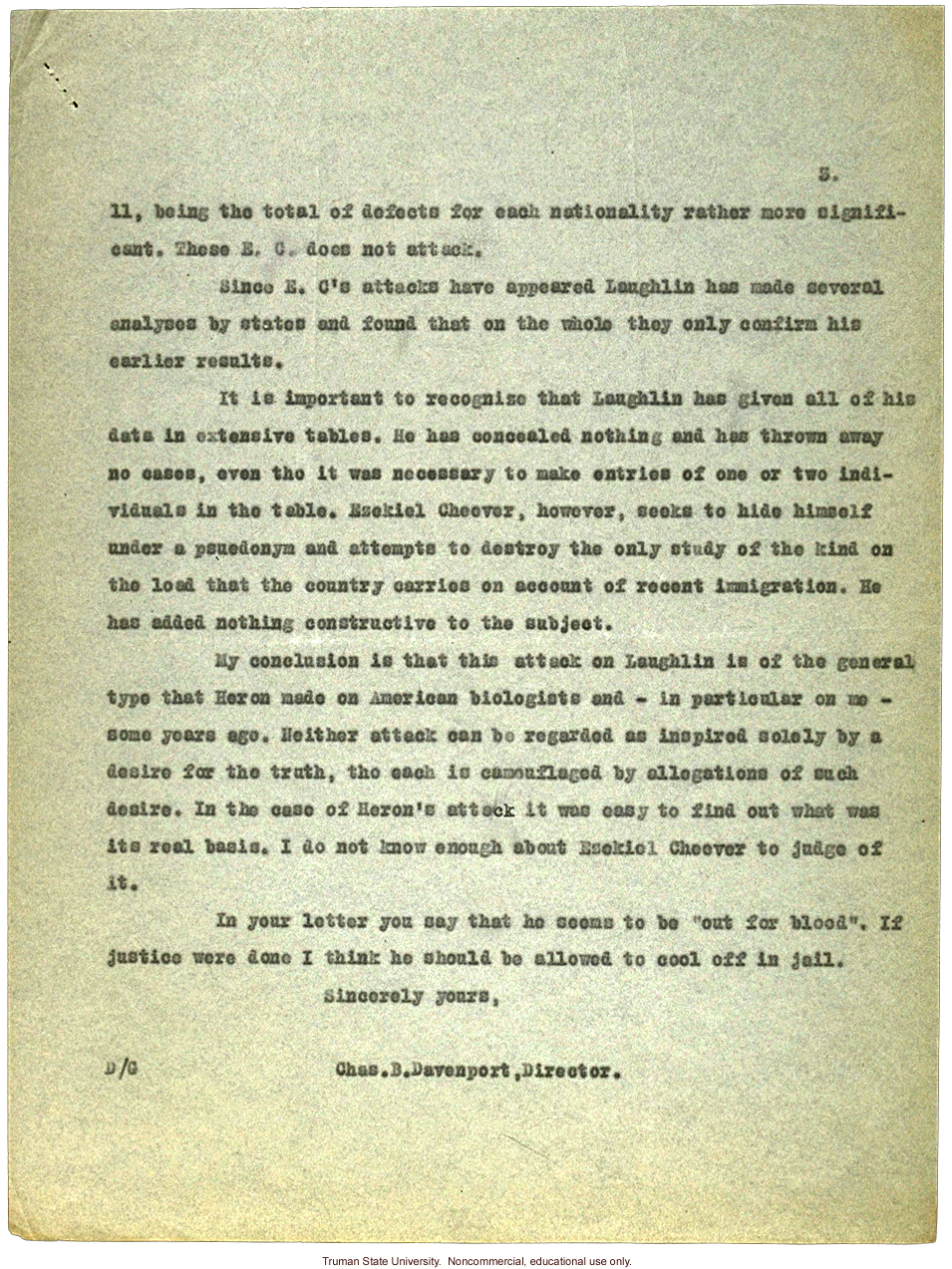 C. Davenport letter to L. Barker about E. Cheever's criticisms of H. Laughlin's views on immigration