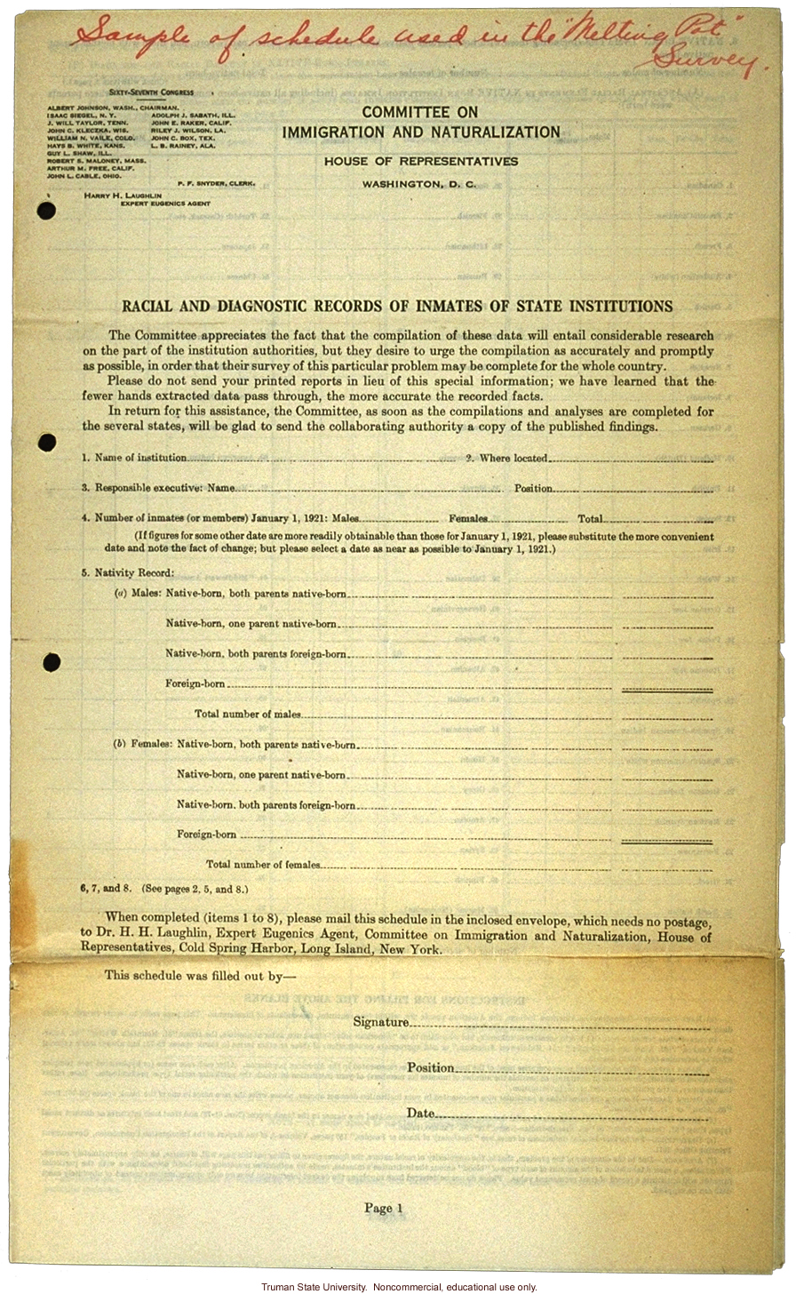 &quote;Racial and diagnostic records of inmates of state institutions&quote;