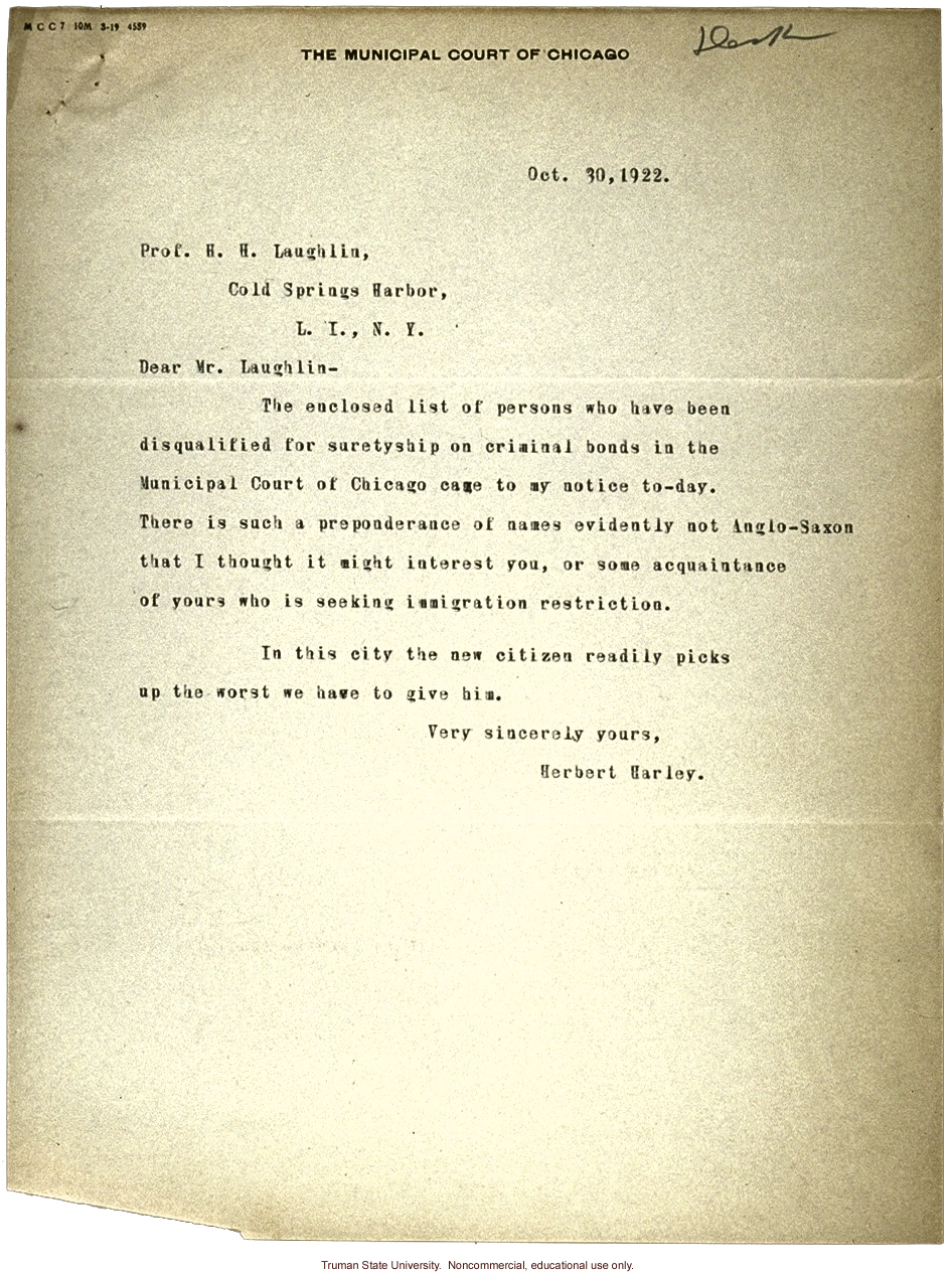 H. Harley correspondence with H. Laughlin about people who have been disqualified for suretyship on criminal bonds