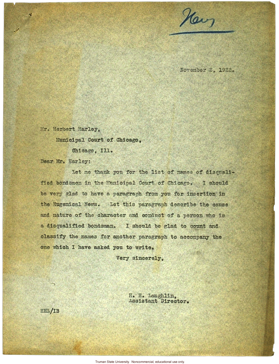 H. Harley correspondence with H. Laughlin about people who have been disqualified for suretyship on criminal bonds