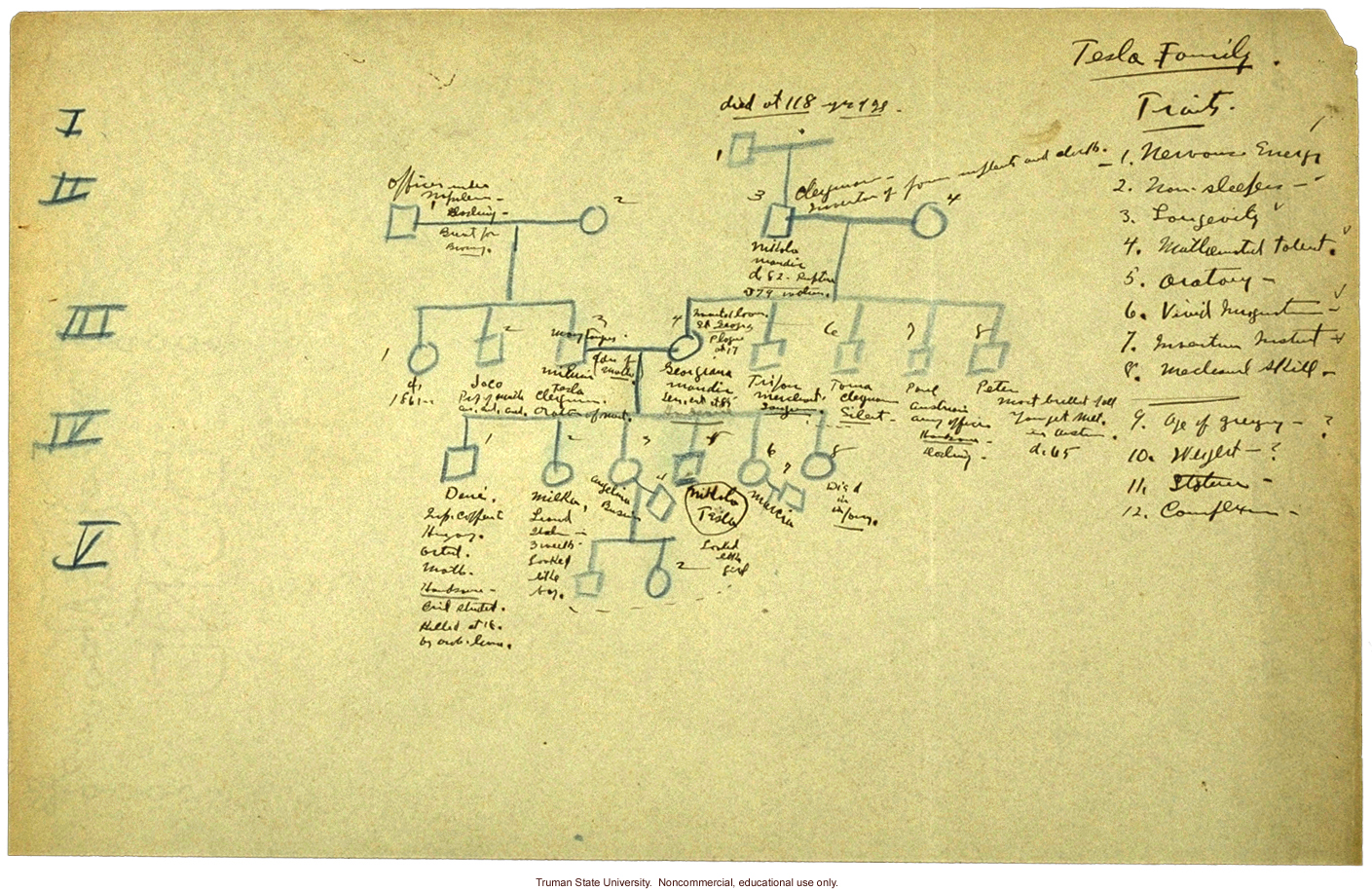 H. Laughlin's hand-written pedigree of the Tesla family