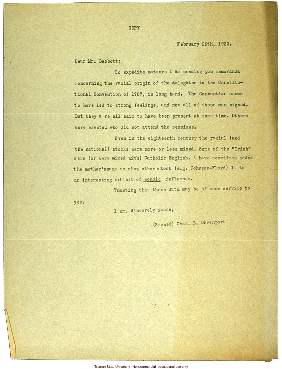C. Davenport letter to Babbott, author of &quote;The Senate is Still Nordic&quote;