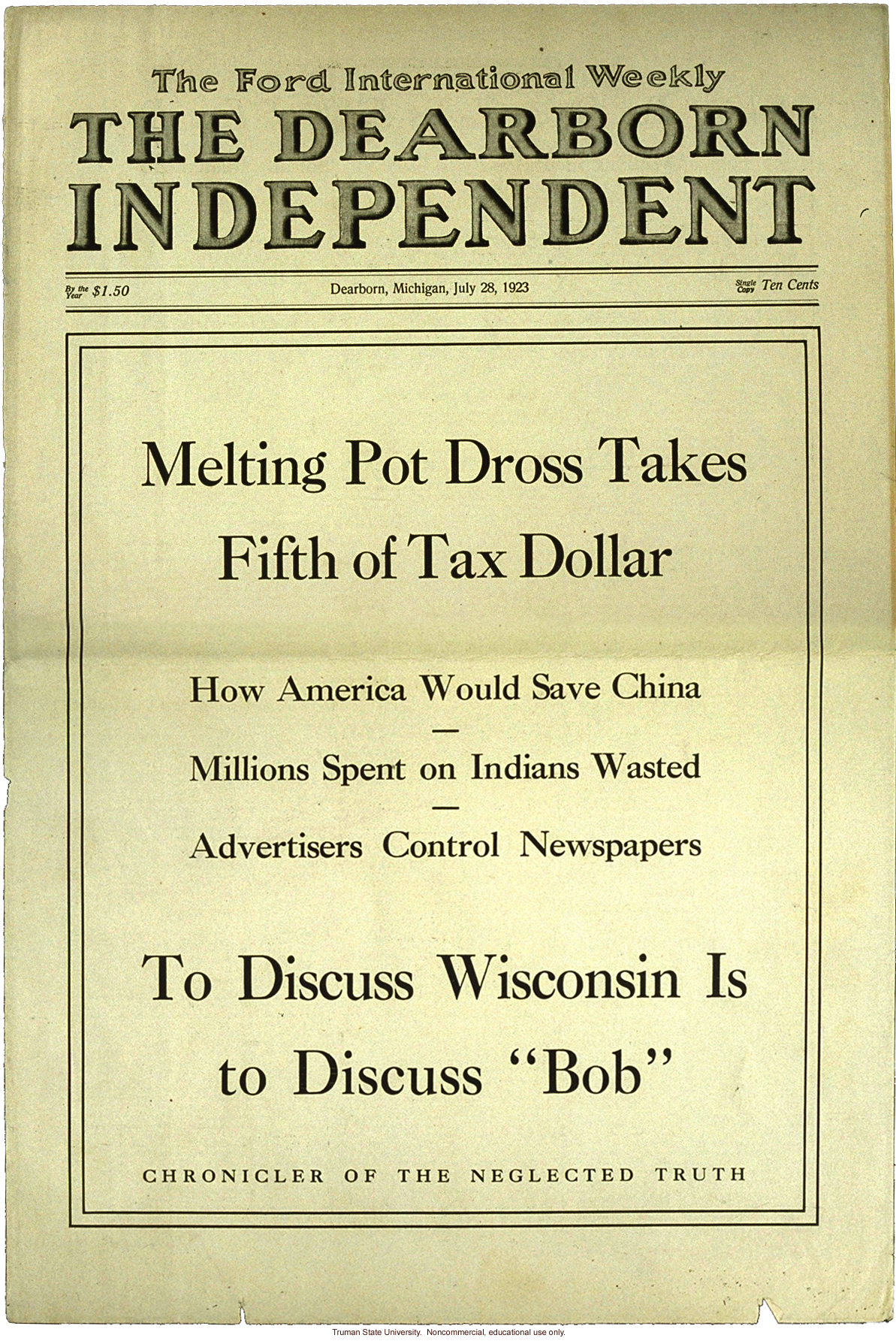 &quote;Melting Pot Dross Takes Fifth of Tax Dollar,&quote; The Dearborn Independent (7/28/1923)