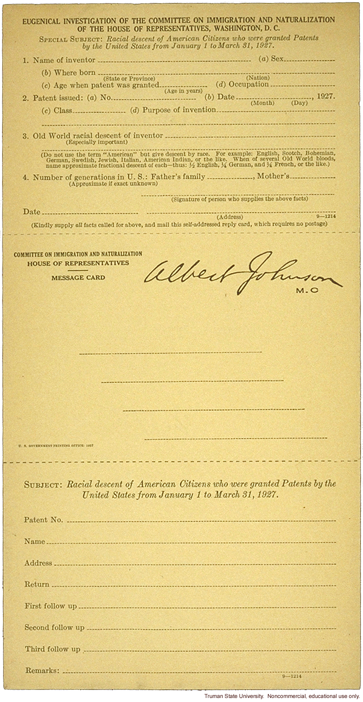 Committee on Immigration and Naturalization, research study on immigration