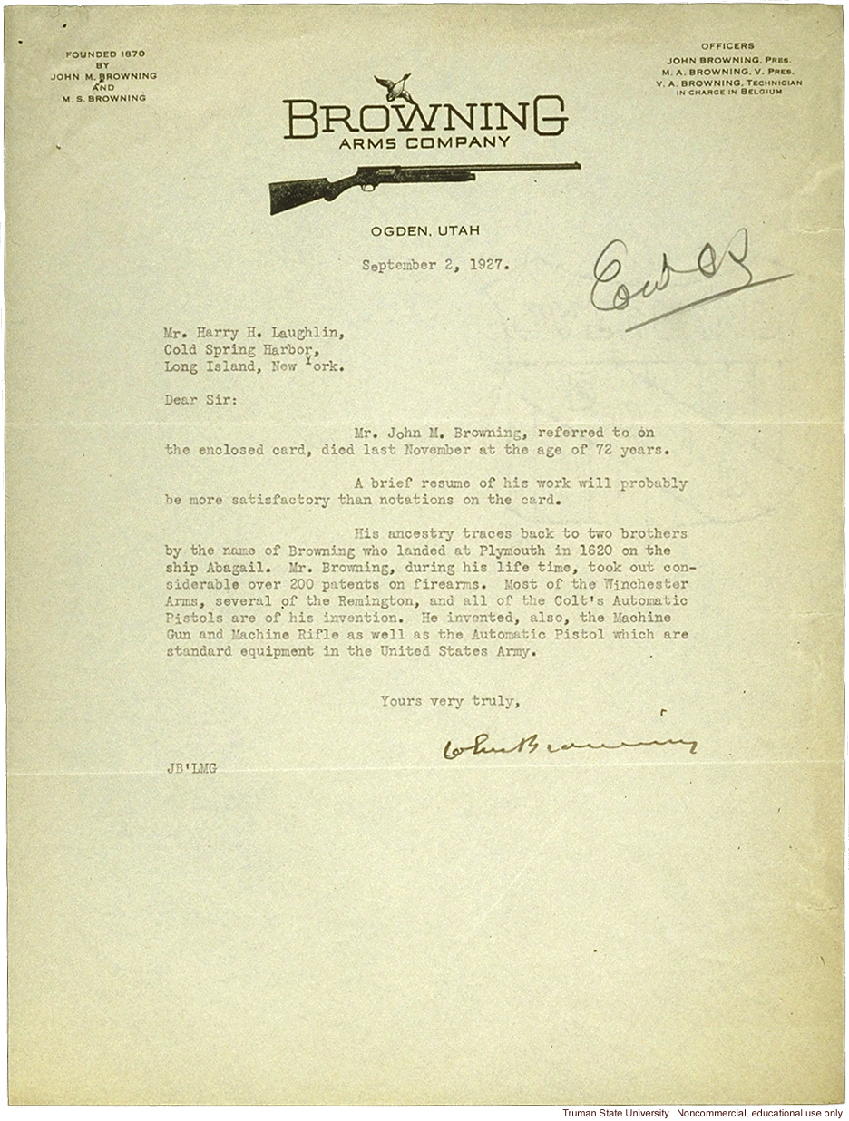 Browning Arms Company letter to H. Laughlin about research study on immigration