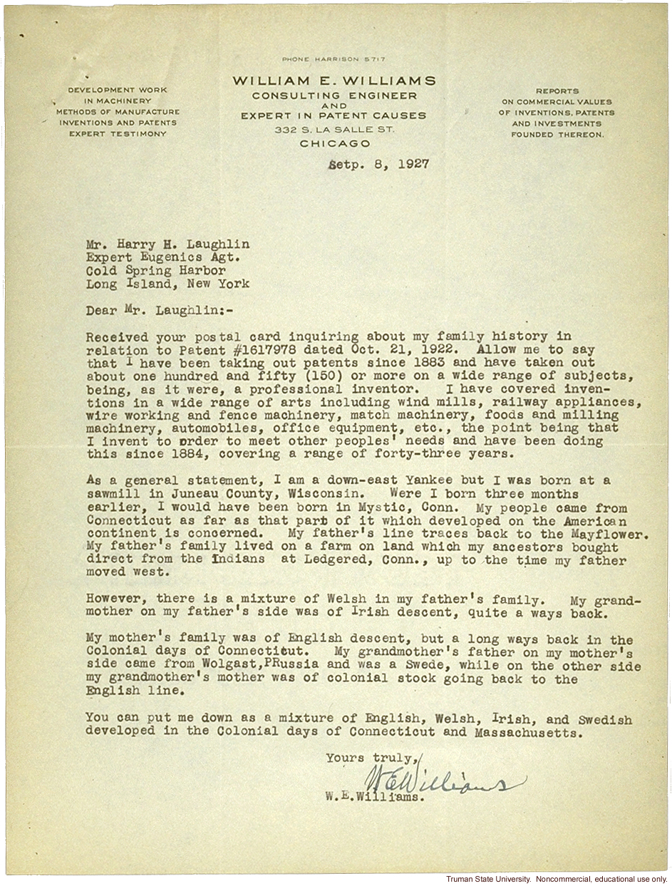 W. Williams letter to H. Laughlin about research study on immigration