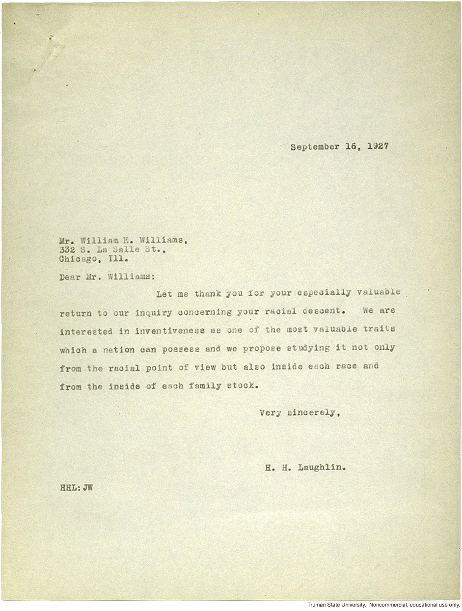 H. Laughlin response to W. Williams about the research study on immigration