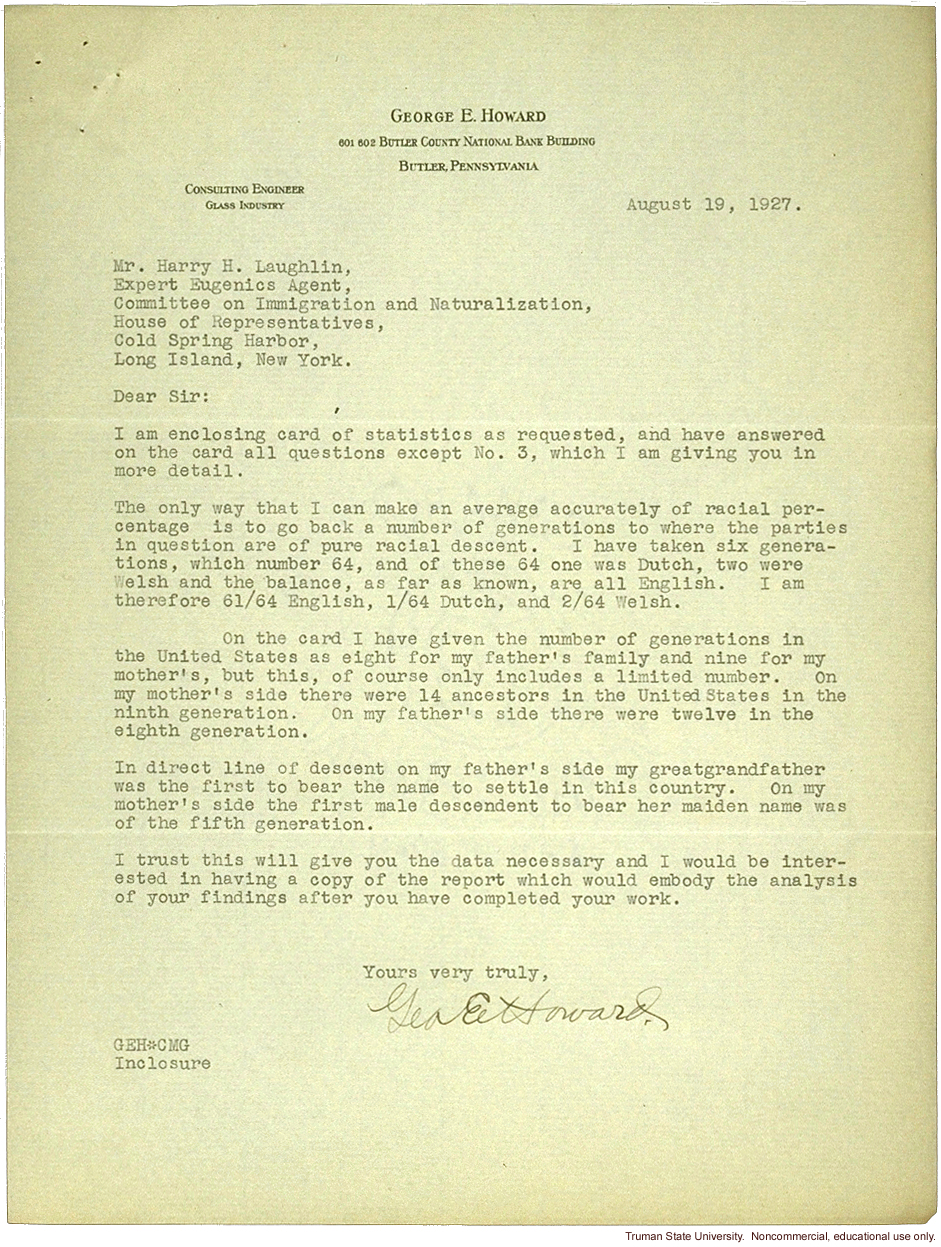 G. Howard letter to H. Laughlin about research study on immigration