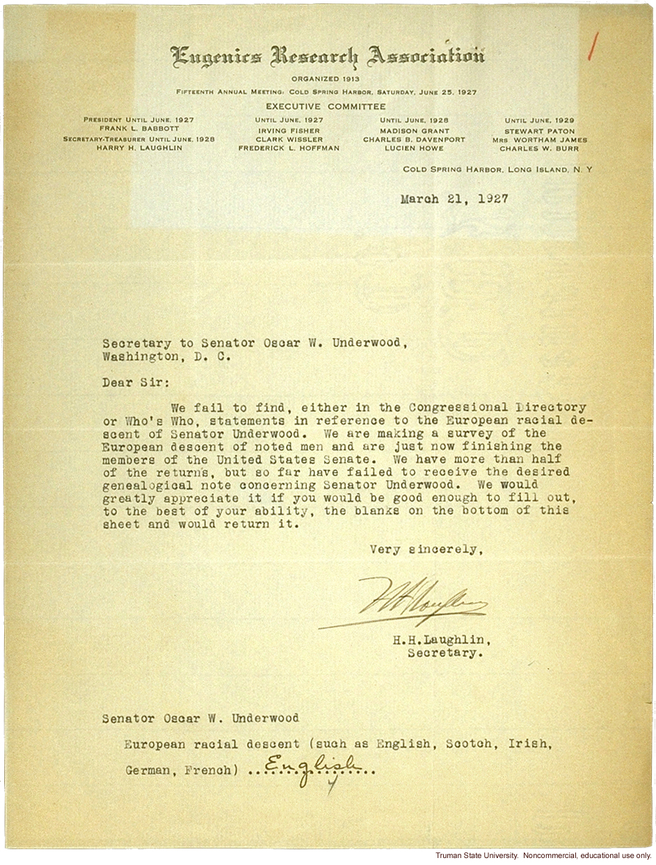 H. Laughlin letter to O. Underwood, about European racial descent of Underwood