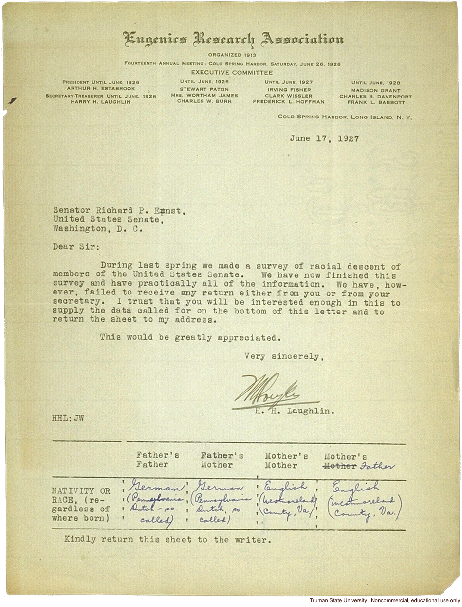 H. Laughlin letter to Senator Ernst, about Ernst's failure to respond to Senator survey