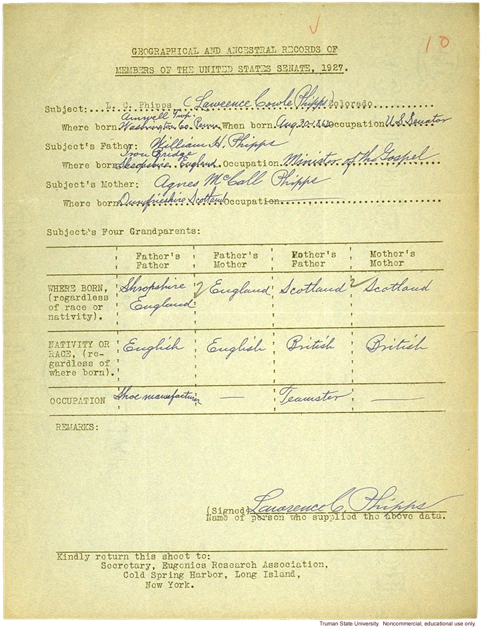 Data for Lawrence Phipps, in response to H. Laughlin's study on racial descent of U.S. senators