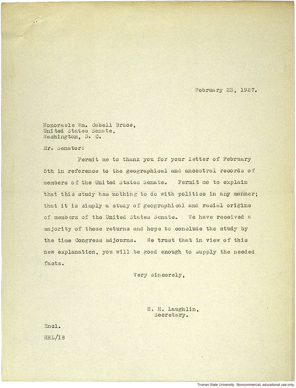 H. Laughlin response to C. Bruce's objections to the racial descent study of U.S. senators