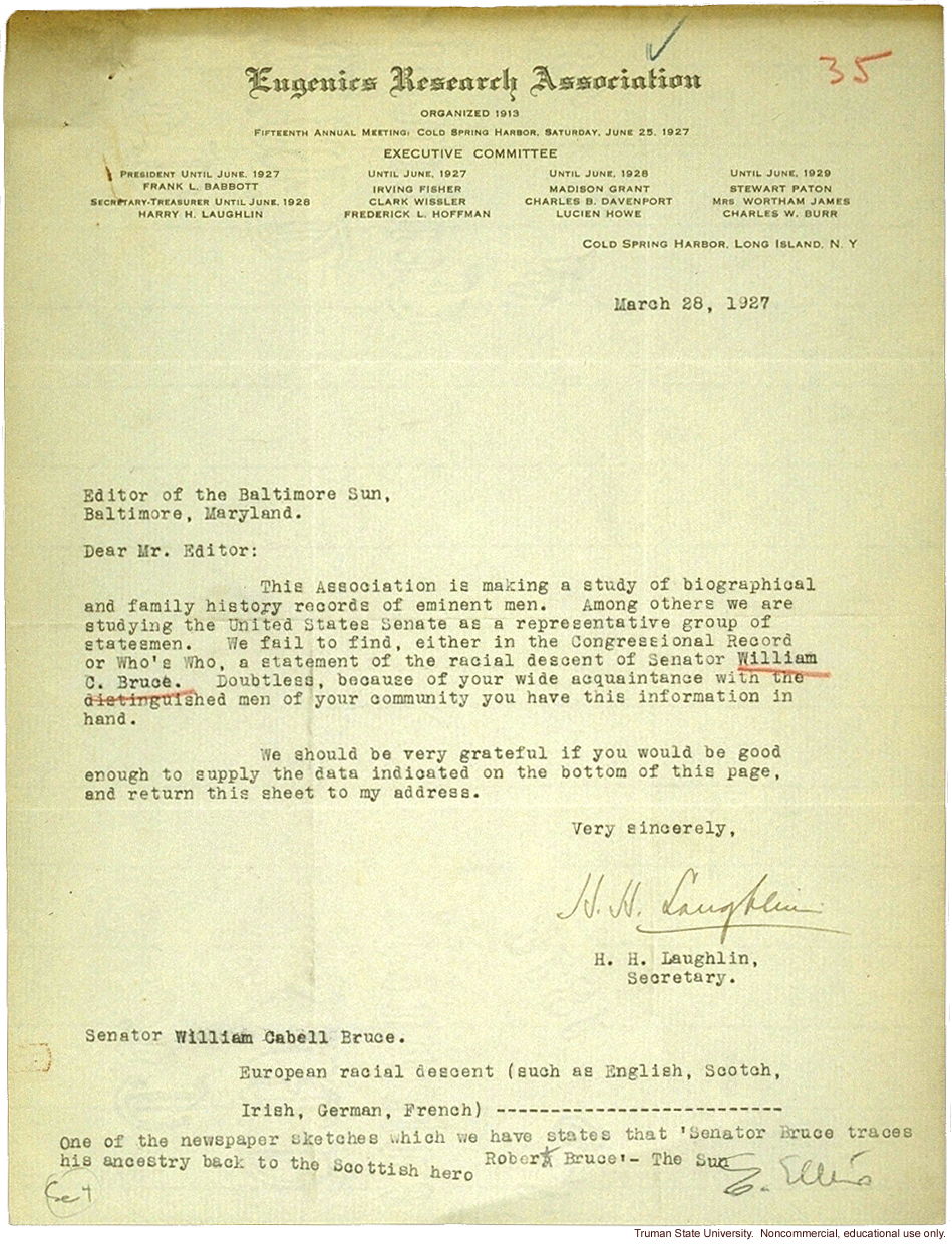 H. Laughlin's letter to Baltimore Sun about getting data on C. Bruce for racial descent study of U.S. senators