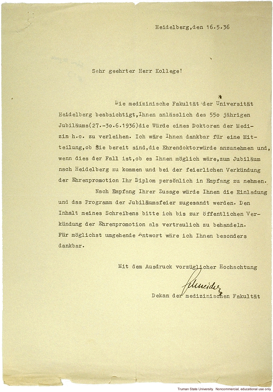 German letter from Heidelberg about H. Laughlin's honorary degree