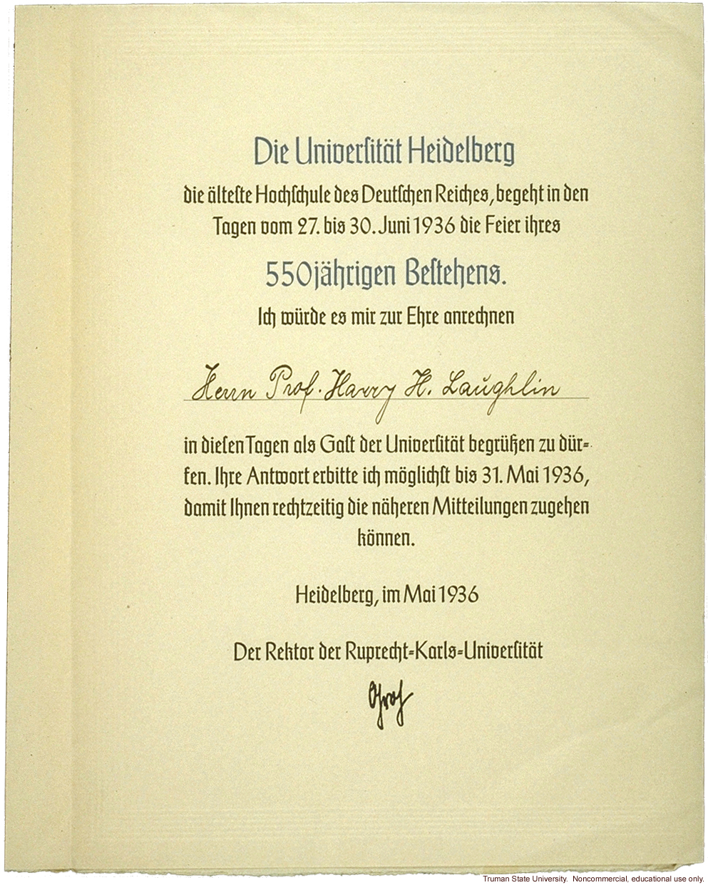 Invitation to Harry Laughlin to attend the 550th Jubilee of University of Heidelberg (at which he was conferred an honorary degree).