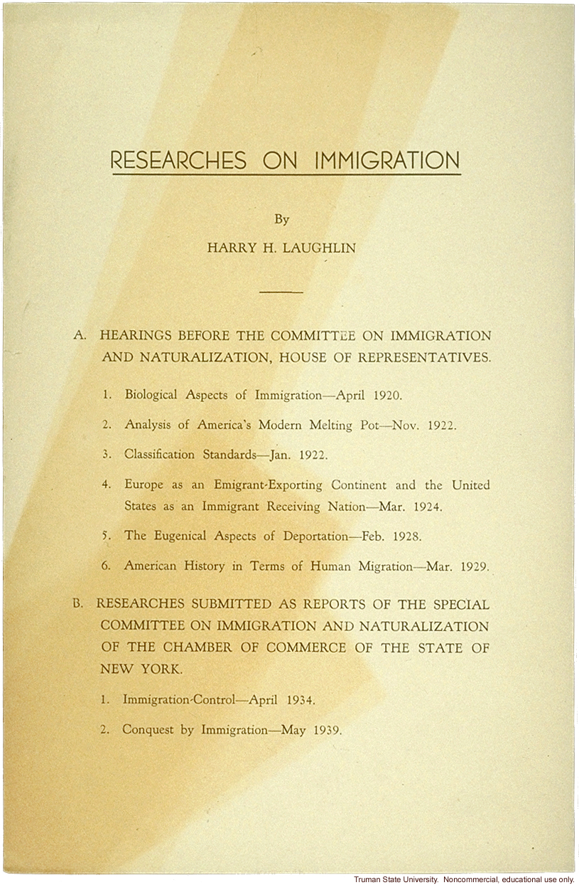 &quote;Researches on immigration,&quote; by H. Laughlin