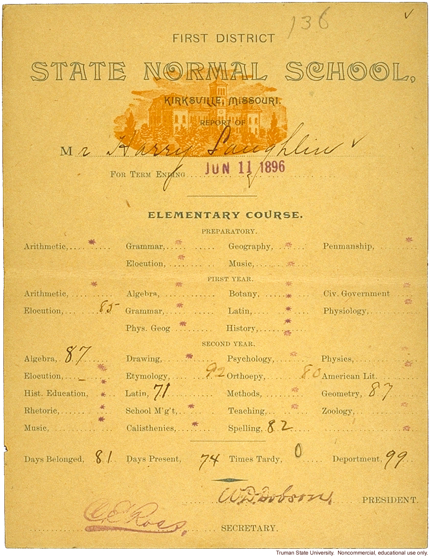 H. Laughlin's report card from First District Normal School (now Truman State University), Kirksville, Missouri