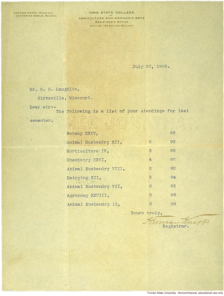 H. Laughlin's graduate school report from Iowa State College 