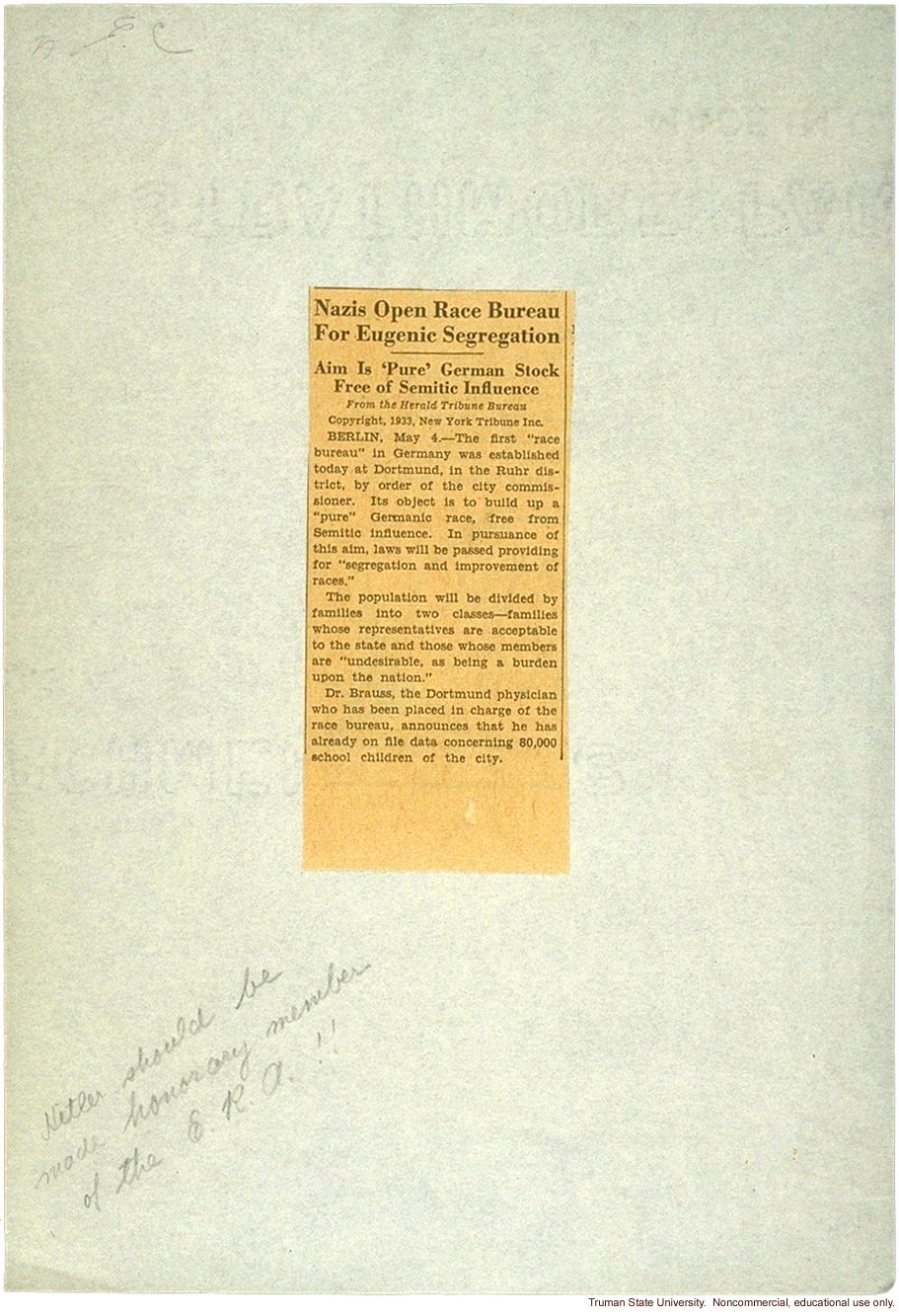 &quote;Nazis open race bureau for eugenic segregation,&quote; New York Tribune, May 4, 1933