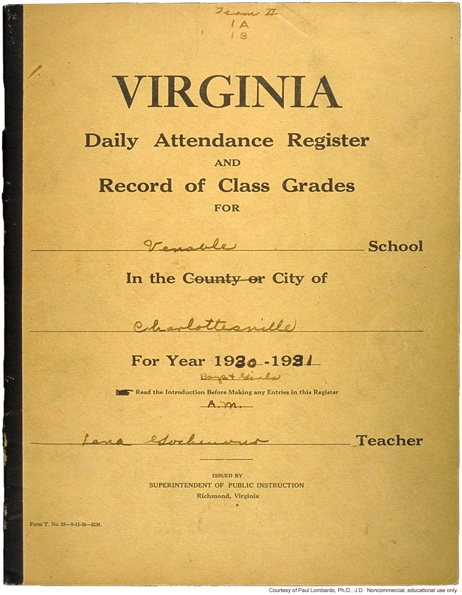 Teacher's grade book, including Vivian Dobbs (Vivian Buck), Venable School, Charlottesville, Va.