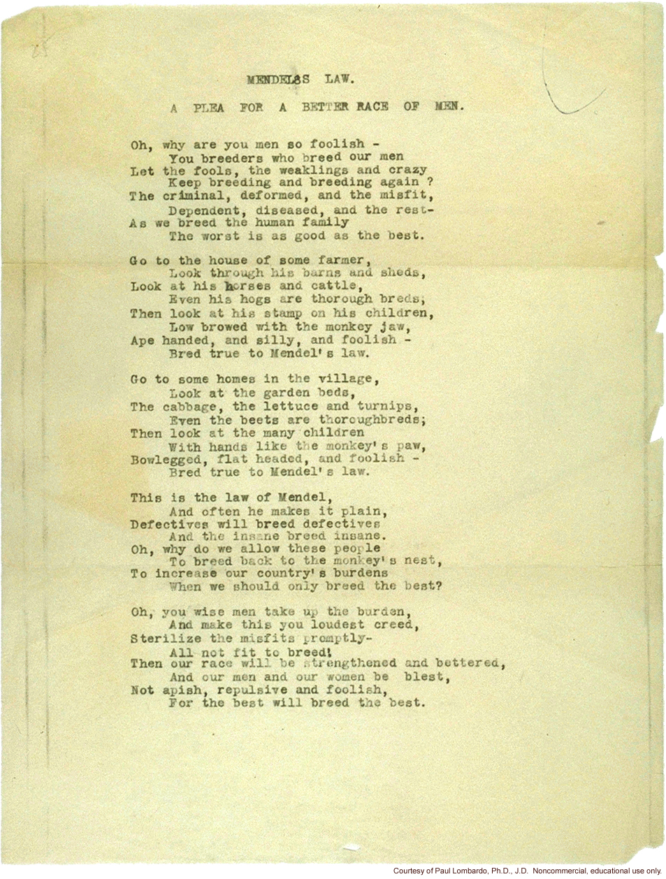 Mendel's Law Poem, by Joseph DeJarnette, MD, witness in Buck vs. Bell case