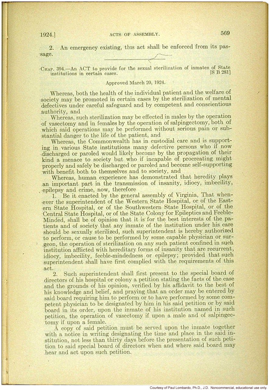 Virginia Sterilization Act of 3/20/1924