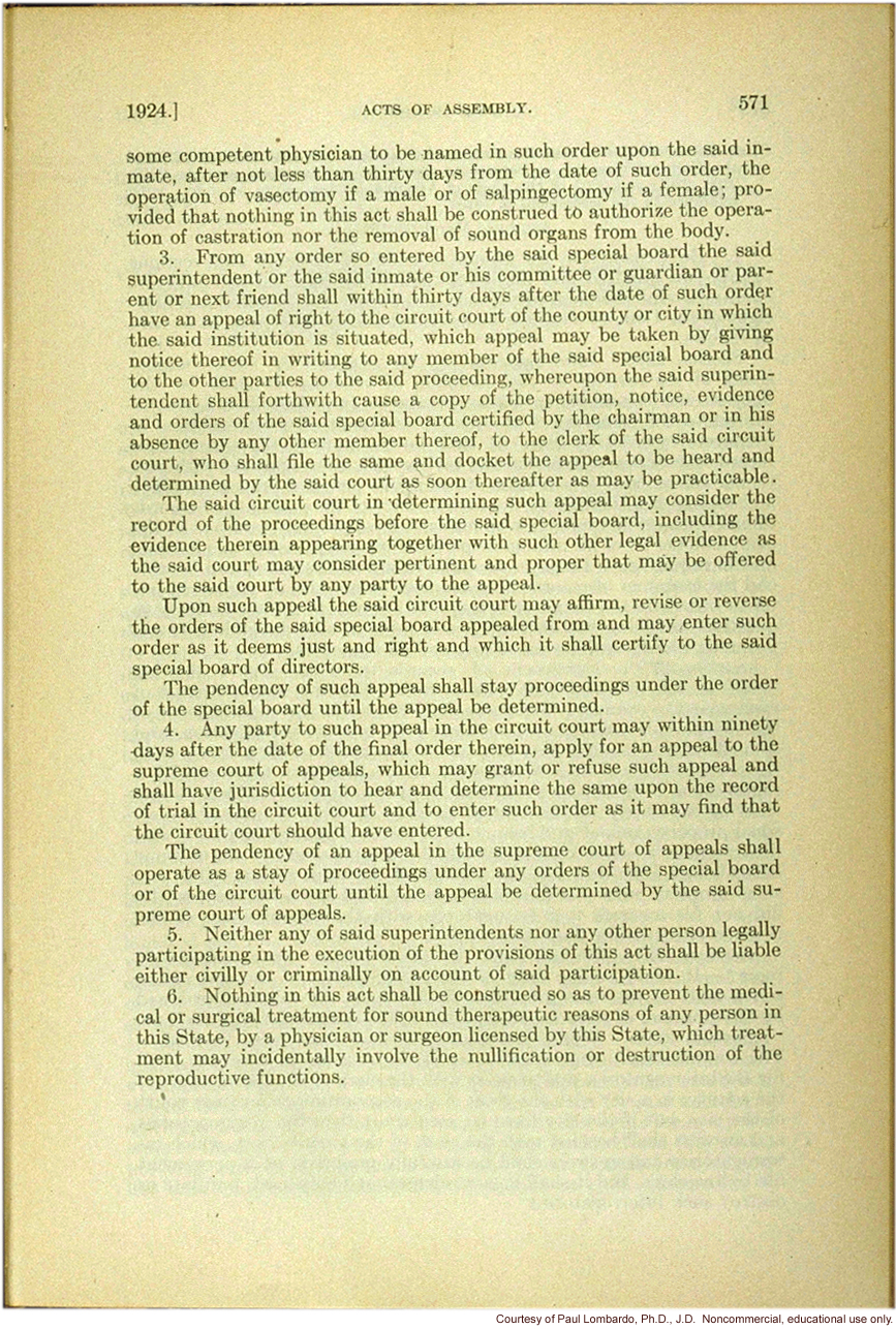 Virginia Sterilization Act of 3/20/1924