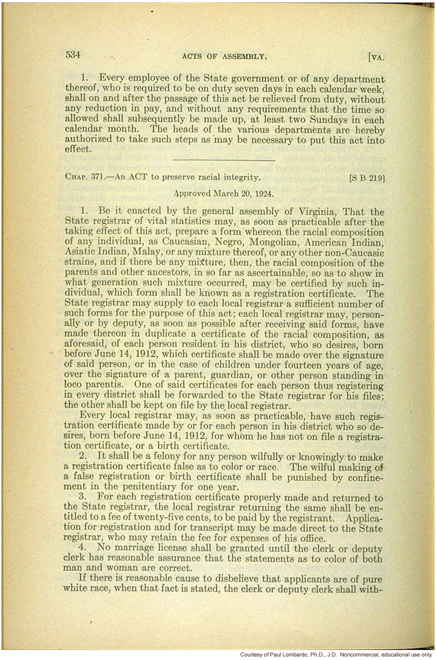 Virginia Act to Preserve Racial Integrity of 3/20/1924