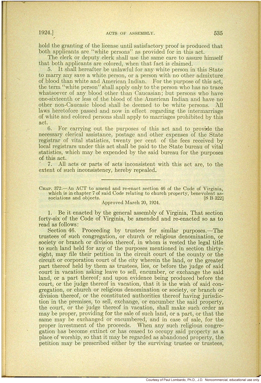Virginia Act to Preserve Racial Integrity of 3/20/1924
