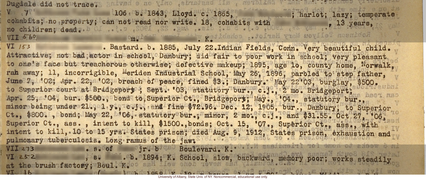 Prison mug shot of VI153 and corresponding entry in Estabrook's typescript &quote;The Jukes Data&quote; (photo laid in Estabrook's copy of R. Dugdale's The Jukes)