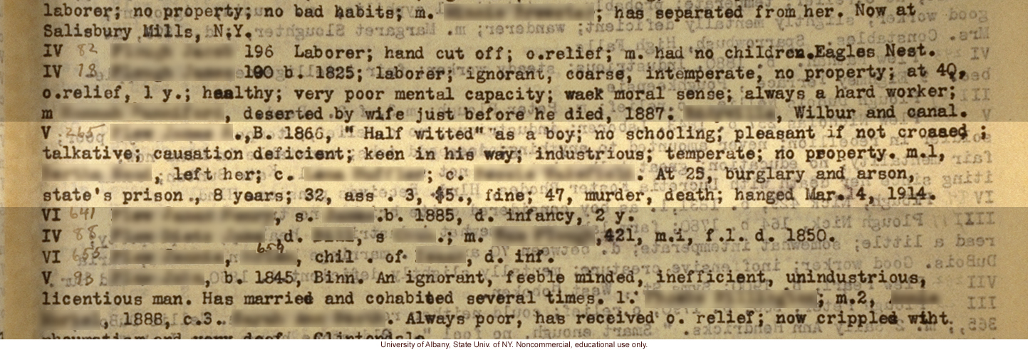 Prison mug shot of V265 and corresponding entry in Estabrook's typescript &quote;The Jukes Data&quote; (photo laid in Estabrook's copy of R. Dugdale's The Jukes)